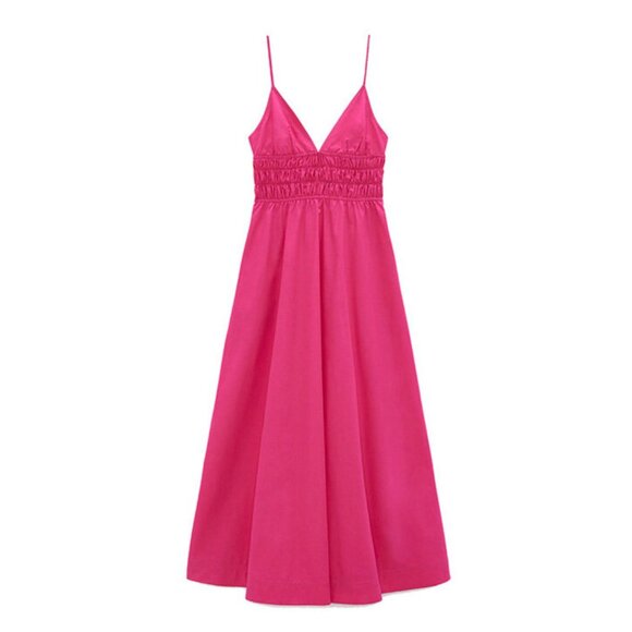 Zara Hot Pink Voluminous Poplin Midi Dress Size Medium 41239 - Picture 2 of 15